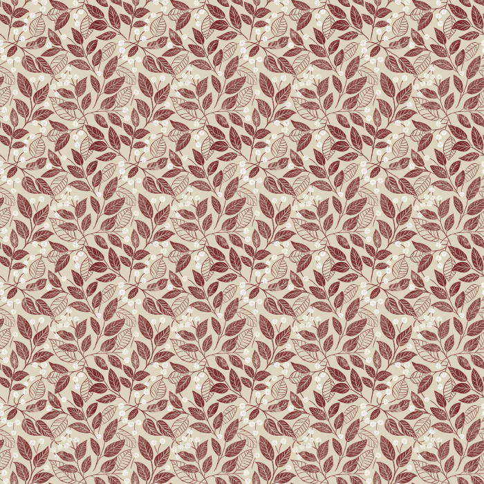 The Leaf Berry Wallpaper features golden leaves and soft blue berries on a rich brown background for a cozy, nature-inspired look.