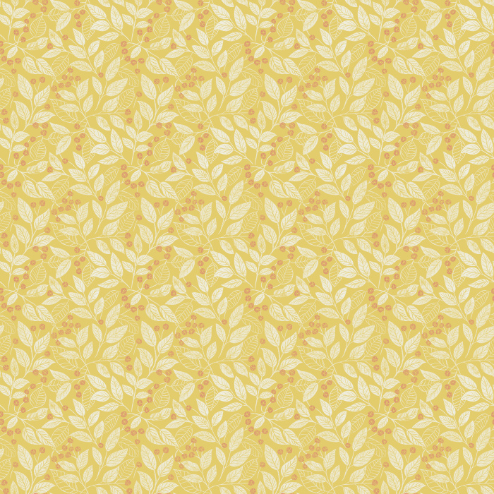 The Leaf Berry Wallpaper features golden leaves and soft blue berries on a rich brown background for a cozy, nature-inspired look.