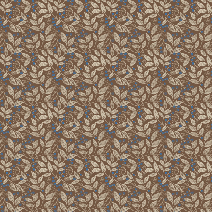 The Leaf Berry Wallpaper features golden leaves and soft blue berries on a rich brown background for a cozy, nature-inspired look.