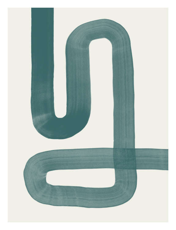 The Painted Paths Two Art Print features abstract teal brushstrokes that flow in elegant, modern movement for a calming minimalist look.
