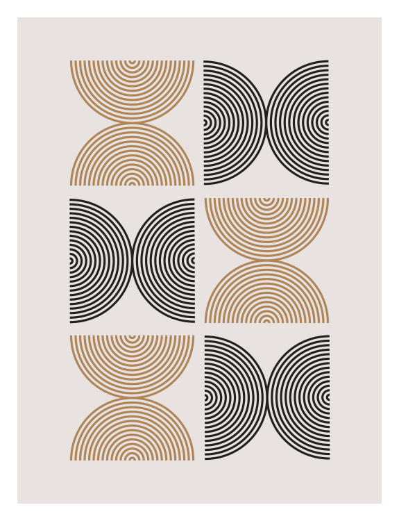 The Boho Geo Two Art Print features rhythmic circular patterns in black and tan, blending modern geometry with warm bohemian tones.
