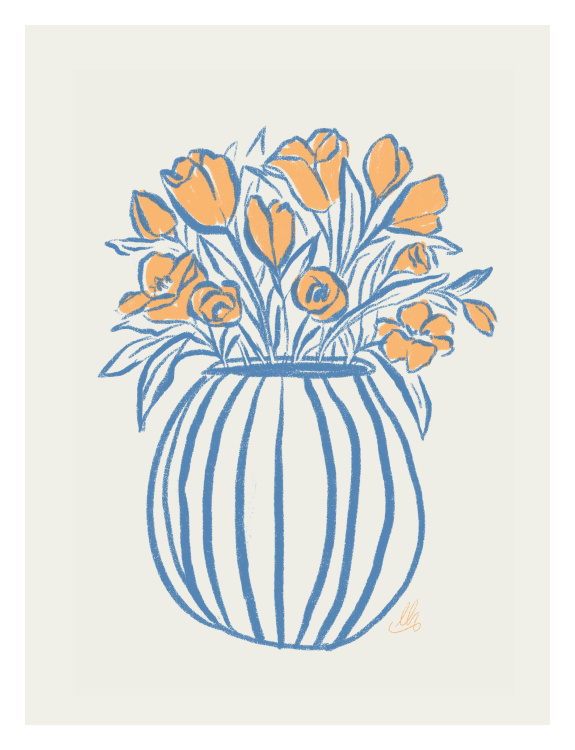 Tulip Vase Art Print – a hand-drawn floral illustration featuring orange tulips in a striped blue vase, perfect for modern and cozy interiors.