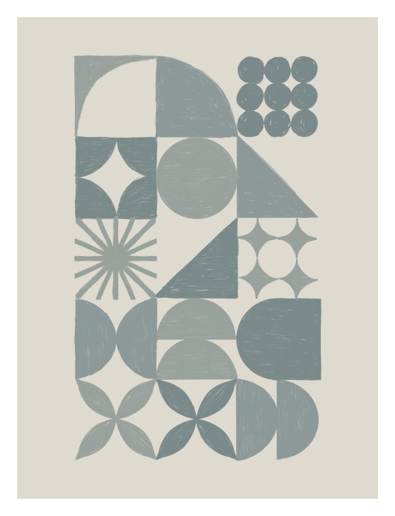 Sketched Geo Art Print – a modern geometric artwork in calming blue-gray tones, featuring hand-drawn shapes and subtle texture for minimalist interiors.