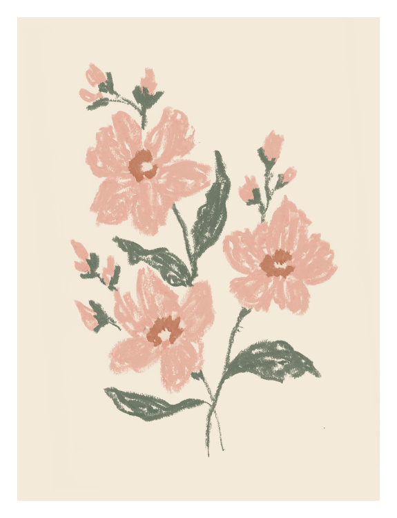 Pastel Flowers One Art Print – a soft floral artwork in gentle blush and green tones, perfect for cozy, modern, and cottage-inspired interiors.