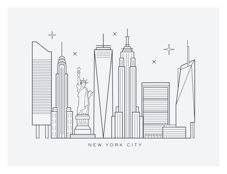 New York City Skyline Art Print – minimalist line art of NYC’s iconic skyline featuring the Statue of Liberty and Empire State Building in modern, neutral tones.
