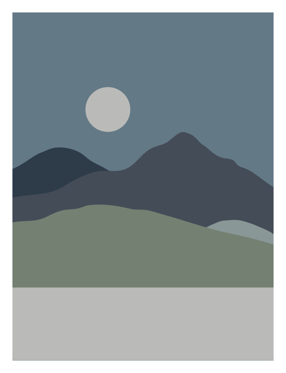 Geo Scene One Art Print – a calming geometric landscape in cool blues and greens with minimalist hills and a soft moonlit sky.