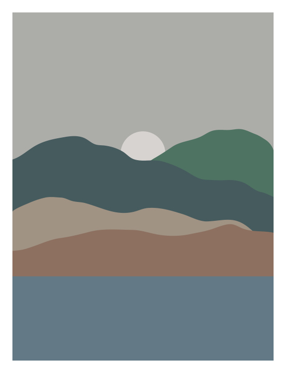 Geo Scene Two Art Print – modern abstract landscape with layered geometric hills and a rising sun in soothing, earthy tones.