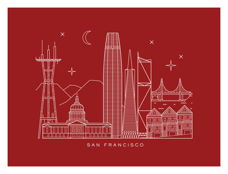 San Francisco Skyline Art Print – modern line-art city illustration in bold red tones.