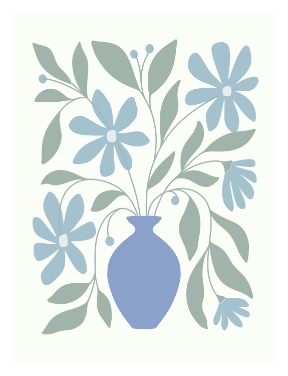 The Flower Vase Art Print features a soft, calming arrangement of stylized florals in shades of dusty blue and muted sage.