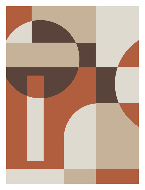 Mod Forms One Art Print features a striking retro-modern geometric composition in warm terracotta, espresso, beige, and cream.