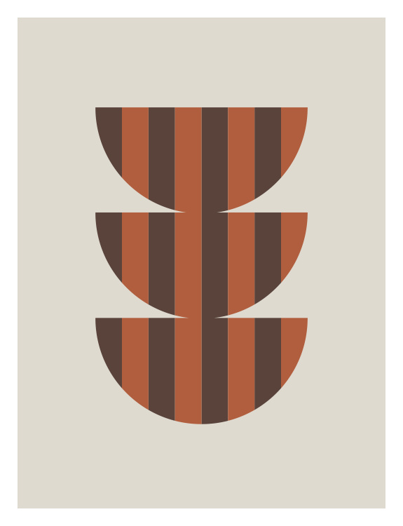 Mod Forms Two Art Print features stacked striped semi-circles in terracotta and espresso on a clean minimalist ivory backdrop.