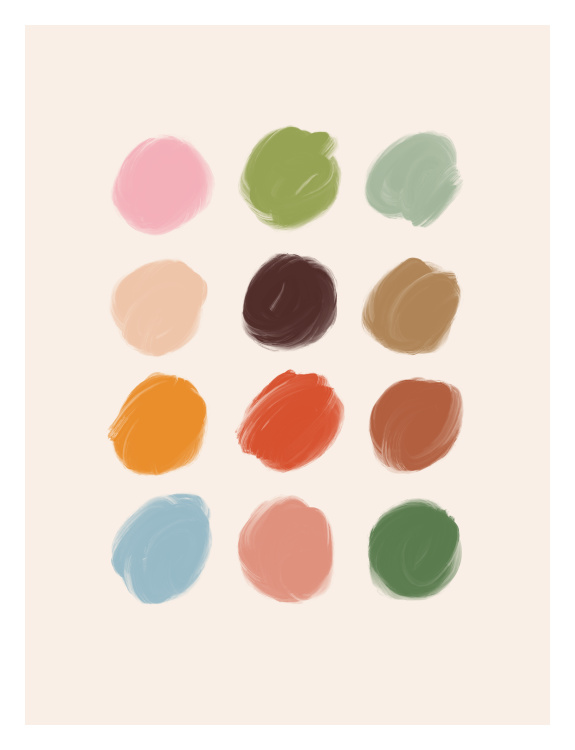 Color Palette Art Print features twelve hand-painted color swatches arranged in a modern minimalist grid.