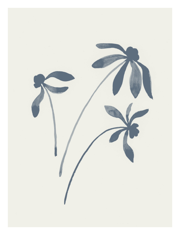 Watercolor Cosmos Art Print features three loose indigo watercolor cosmos flowers in a soft, minimalist style.