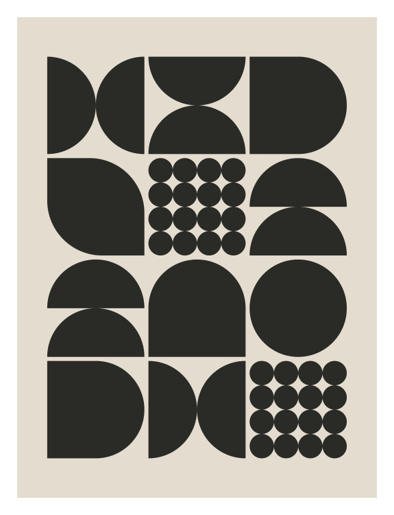 Mod Shapes One Art Print features bold black geometric shapes arranged in a modern mid-century inspired composition.