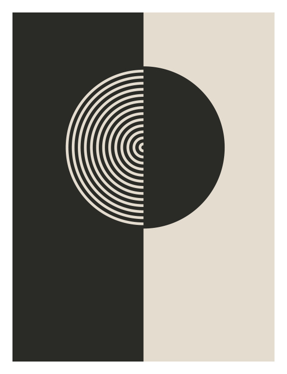 Mod Shapes Two Art Print features a bold black-and-cream split panel with a modern concentric circle design.