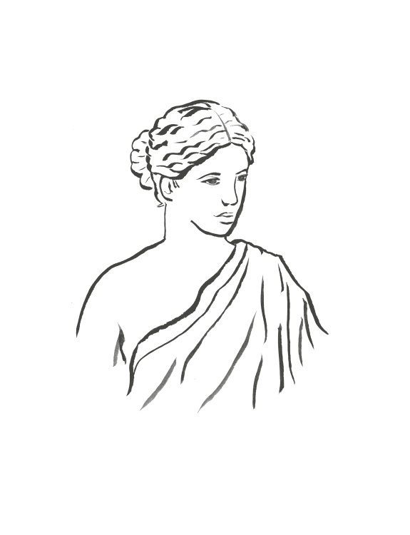 Amber Portrait Art Print features a refined black-ink line drawing of a classical female figure with elegant draped fabric.