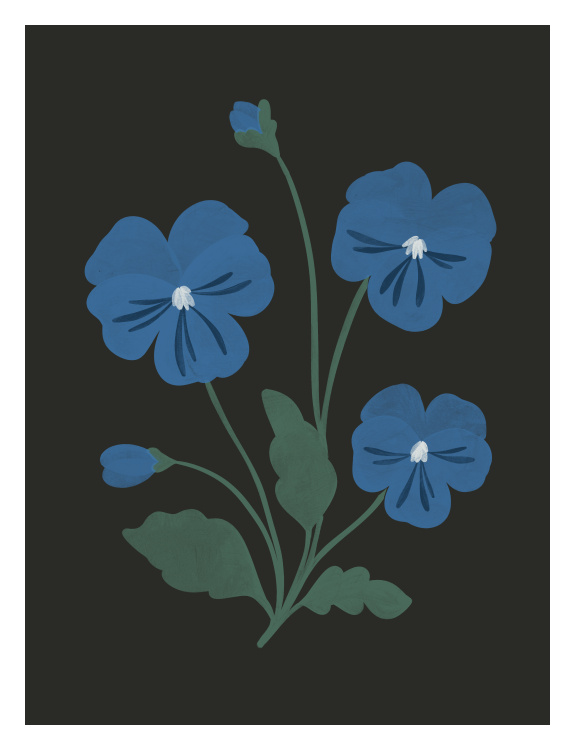 Bloom Two Art Print features bold blue hand-drawn blossoms with green stems on a dramatic charcoal background.