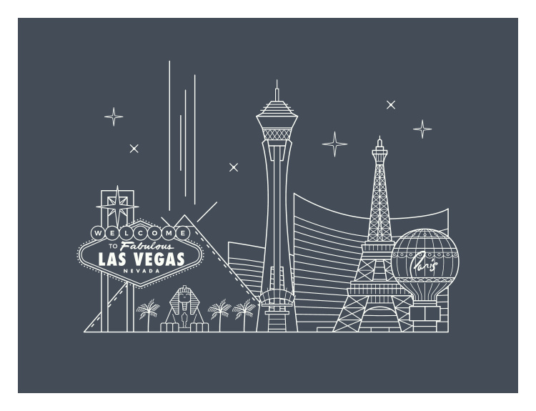 Las Vegas Skyline Art Print features a modern line-art illustration of iconic Vegas landmarks on a bold midnight background.