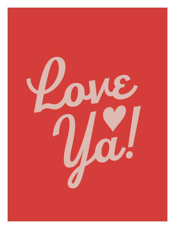 Love Ya Art Print features playful blush-pink hand-lettered typography on a bold red background with a cute heart detail.