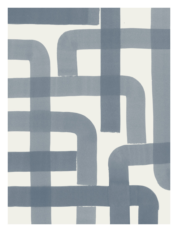 Crossroads Art Print features overlapping watercolor-style slate blue brushstrokes in a modern abstract grid.