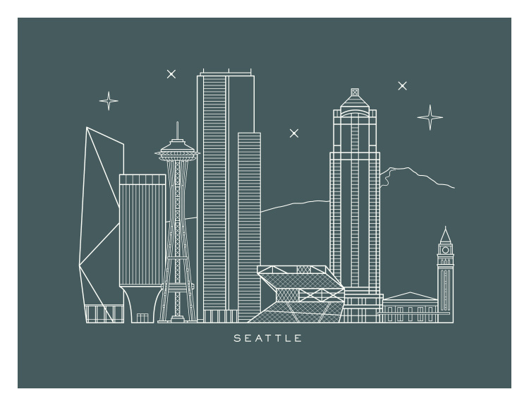 Seattle Skyline Art Print features a modern line-art illustration of iconic Seattle landmarks on a slate-blue background.