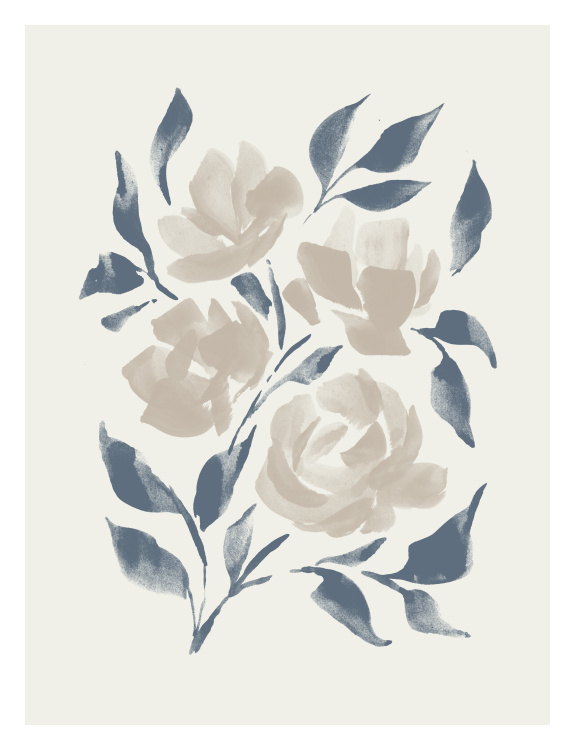 Ink Rose Art Print features soft taupe roses with inky blue leaves painted in an expressive modern botanical style.