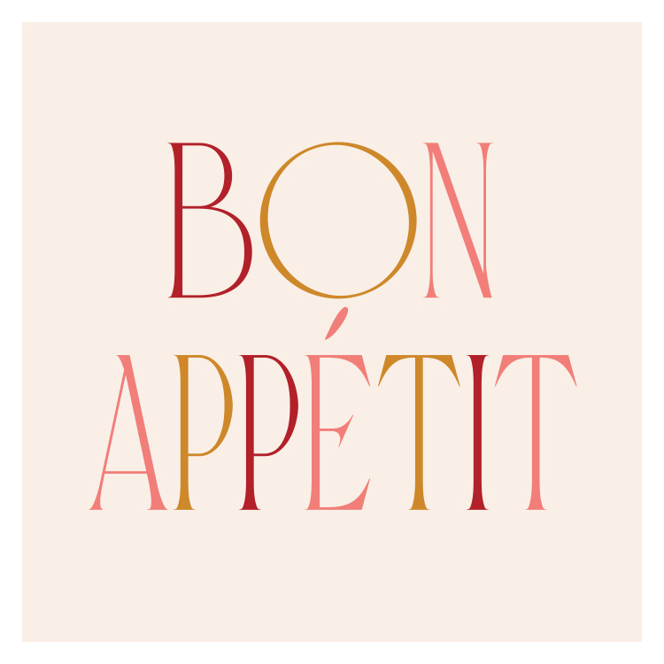 Bon Appétit Art Print features elegant multicolor serif typography on a soft blush background.