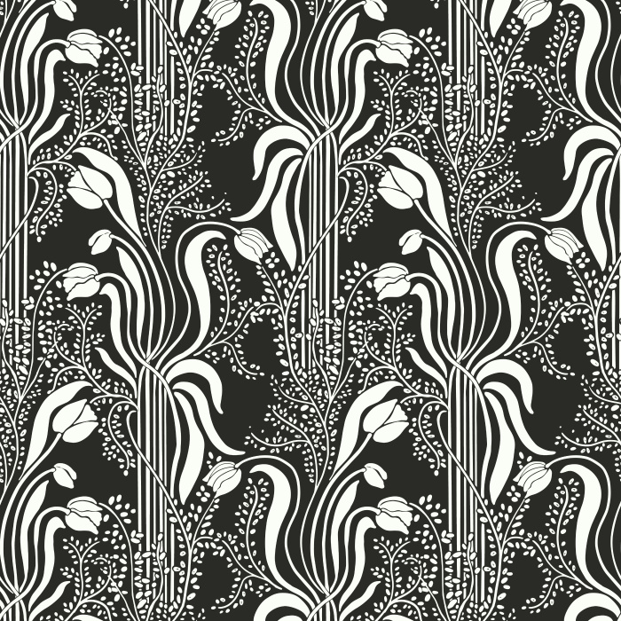 Nouveau Tulips Wallpaper brings a flowing Art Nouveau–inspired floral pattern to your walls with soft sage greens, dusty blues, and curving petal silhouettes.