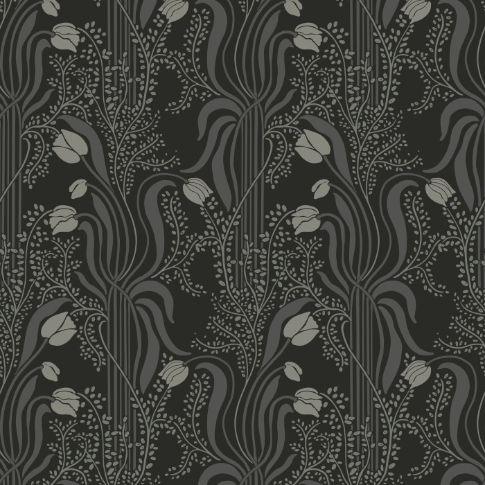 Nouveau Tulips Wallpaper brings a flowing Art Nouveau–inspired floral pattern to your walls with soft sage greens, dusty blues, and curving petal silhouettes.