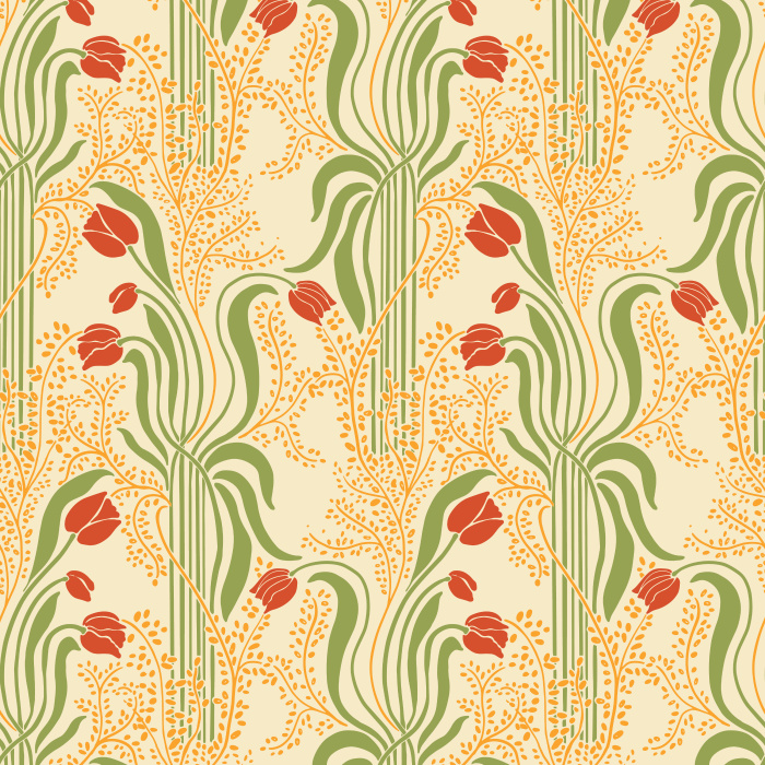 Nouveau Tulips Wallpaper brings a flowing Art Nouveau–inspired floral pattern to your walls with soft sage greens, dusty blues, and curving petal silhouettes.