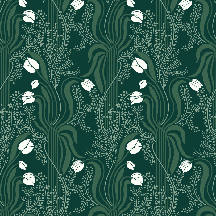 Nouveau Tulips Wallpaper brings a flowing Art Nouveau–inspired floral pattern to your walls with soft sage greens, dusty blues, and curving petal silhouettes.