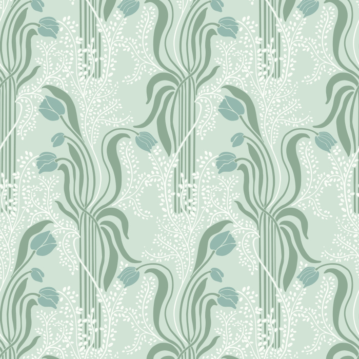 Nouveau Tulips Wallpaper brings a flowing Art Nouveau–inspired floral pattern to your walls with soft sage greens, dusty blues, and curving petal silhouettes.