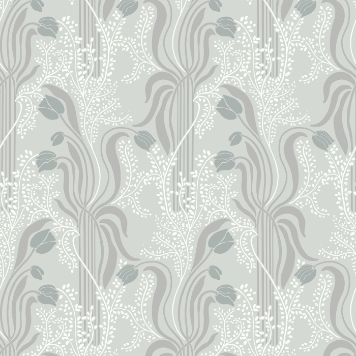 Nouveau Tulips Wallpaper brings a flowing Art Nouveau–inspired floral pattern to your walls with soft sage greens, dusty blues, and curving petal silhouettes.