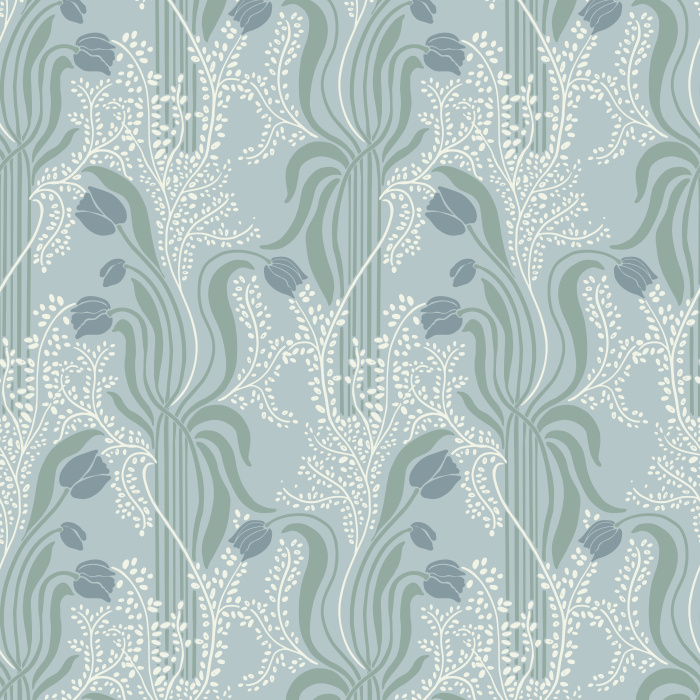 Nouveau Tulips Wallpaper brings a flowing Art Nouveau–inspired floral pattern to your walls with soft sage greens, dusty blues, and curving petal silhouettes.