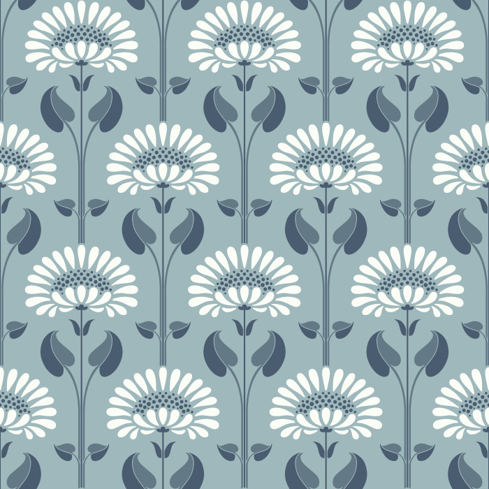 Historic Garden Wallpaper features a bold, vintage-inspired floral arrangement with stylized blossoms in warm rose tones and muted blue-gray leaves set against a dramatic black backdrop.