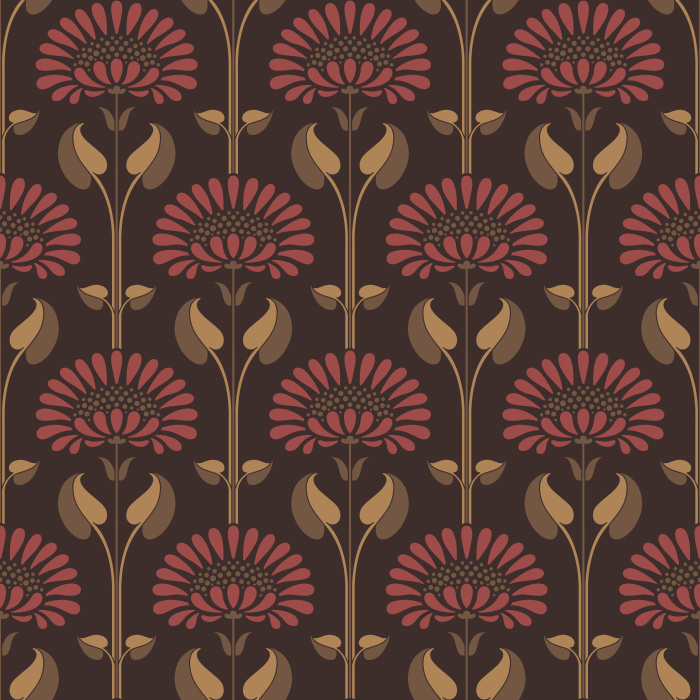 Historic Garden Wallpaper features a bold, vintage-inspired floral arrangement with stylized blossoms in warm rose tones and muted blue-gray leaves set against a dramatic black backdrop.