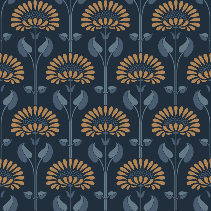Historic Garden Wallpaper features a bold, vintage-inspired floral arrangement with stylized blossoms in warm rose tones and muted blue-gray leaves set against a dramatic black backdrop.