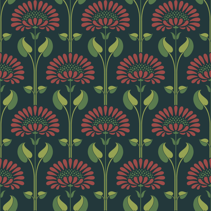 Historic Garden Wallpaper features a bold, vintage-inspired floral arrangement with stylized blossoms in warm rose tones and muted blue-gray leaves set against a dramatic black backdrop.