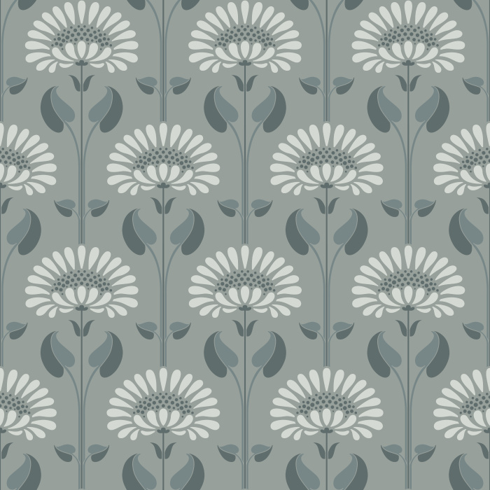 Historic Garden Wallpaper features a bold, vintage-inspired floral arrangement with stylized blossoms in warm rose tones and muted blue-gray leaves set against a dramatic black backdrop.