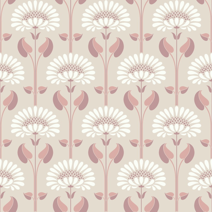 Historic Garden Wallpaper features a bold, vintage-inspired floral arrangement with stylized blossoms in warm rose tones and muted blue-gray leaves set against a dramatic black backdrop.