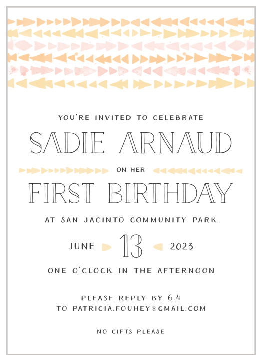 Bring your favorite people together to celebrate your little one's special day with our Geometric Triangles First Birthday Invitations.