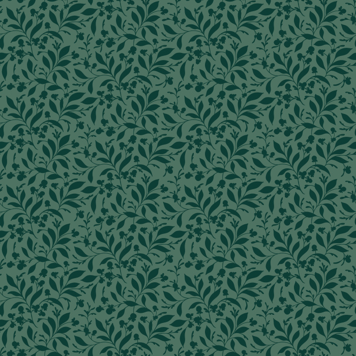 Victorian Berry Wallpaper showcases an intricate, nature-inspired pattern featuring winding leaves and delicate berry clusters over a dramatic deep green backdrop.