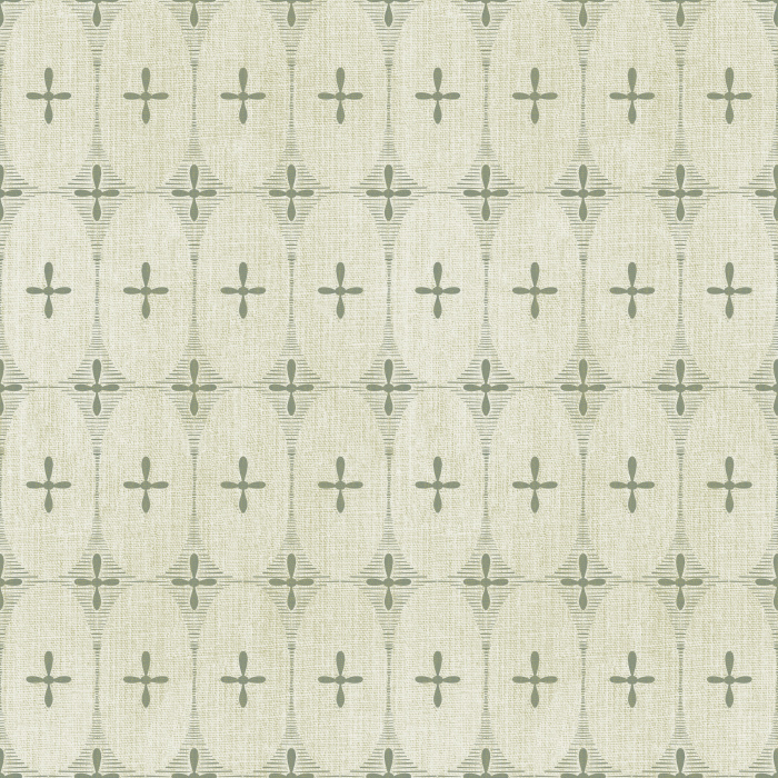 Oval Bloom Wallpaper features a soft, linen-textured backdrop with repeating oval medallions and minimal botanical crosses for a warm, understated look.