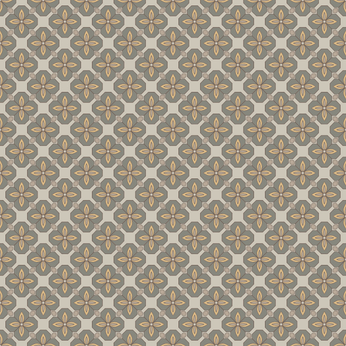 Vintage Bauhaus Wallpaper showcases a repeating geometric floral motif inspired by early modern design, arranged in a rhythmic grid across a warm ochre and taupe backdrop.