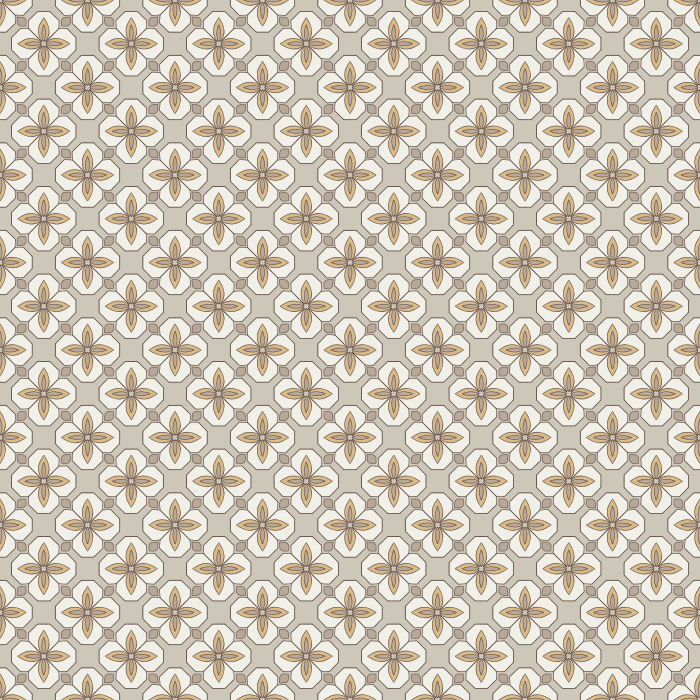 Vintage Bauhaus Wallpaper showcases a repeating geometric floral motif inspired by early modern design, arranged in a rhythmic grid across a warm ochre and taupe backdrop.