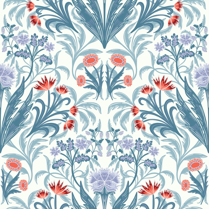 Fleurie Opulence Wallpaper showcases an ornate floral composition of stylized blooms and sweeping foliage set against a rich navy backdrop.