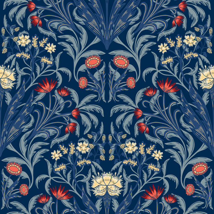 Fleurie Opulence Wallpaper showcases an ornate floral composition of stylized blooms and sweeping foliage set against a rich navy backdrop.