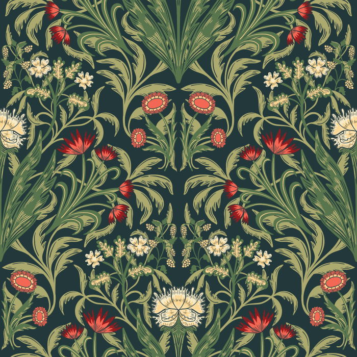 Fleurie Opulence Wallpaper showcases an ornate floral composition of stylized blooms and sweeping foliage set against a rich navy backdrop.