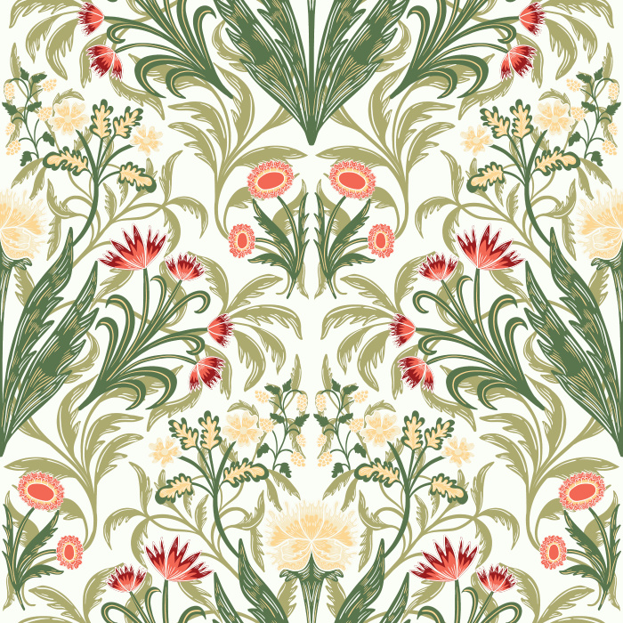 Fleurie Opulence Wallpaper showcases an ornate floral composition of stylized blooms and sweeping foliage set against a rich navy backdrop.