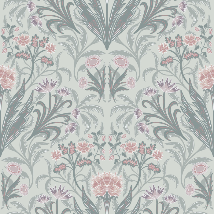 Fleurie Opulence Wallpaper showcases an ornate floral composition of stylized blooms and sweeping foliage set against a rich navy backdrop.